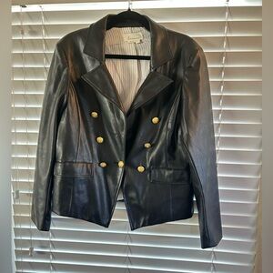 Anthropologie Black Faux Leather Jacket with Gold Buttons, size Large